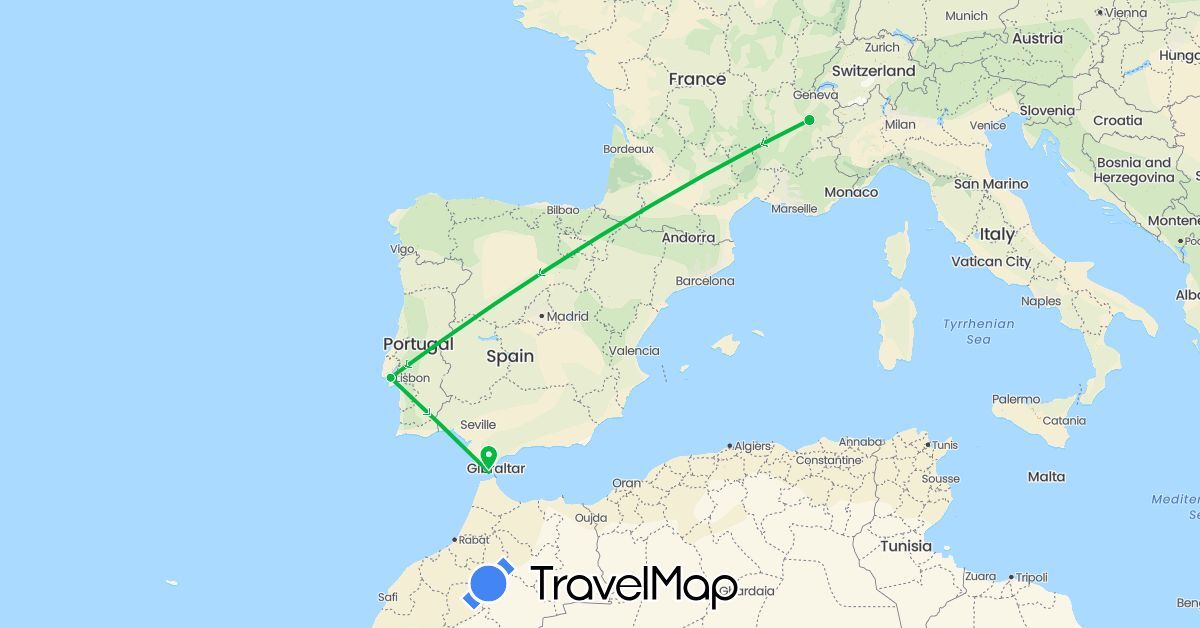 TravelMap itinerary: driving, bus in Spain, France, Portugal (Europe)